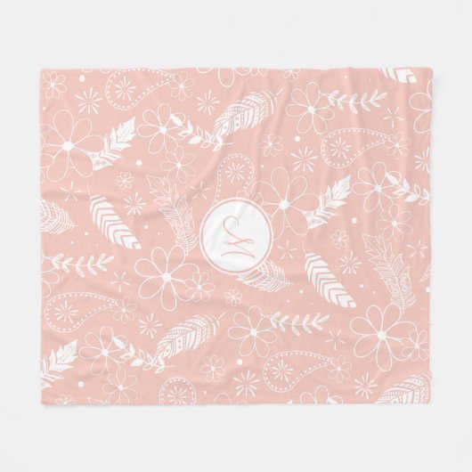 Zachte roze of ENIGE kleurenkorrelboho veren bloem Fleece Deken (Voorkant (Horizontaal))