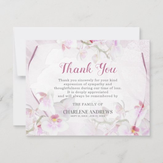 Zachte roze orchidee begrafenissympathie bedankkaart (Voorkant)