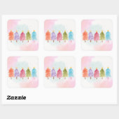 ZACHTE  ROZE PASTEL WATERVERF KERSTBOMEN VIERKANTE STICKER (Vel)
