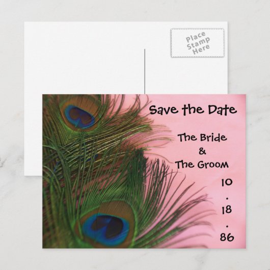 Zachte Roze Pauw Veren Save the Date Aankondigingskaart (Voorkant / Achterkant)