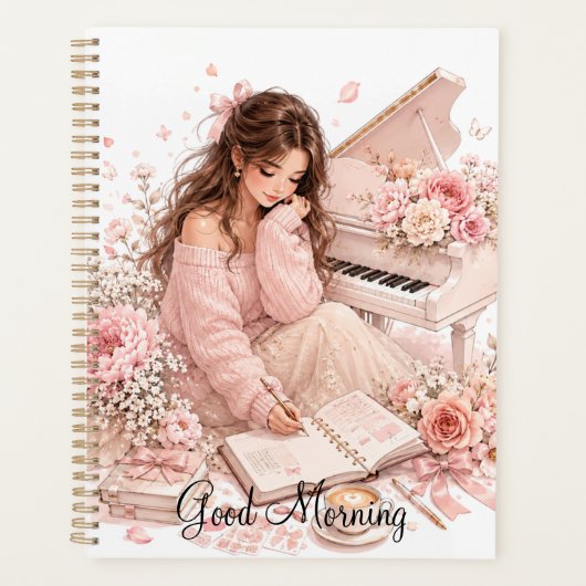 Zachte Roze Piano Bloemen Planner (Voorkant)