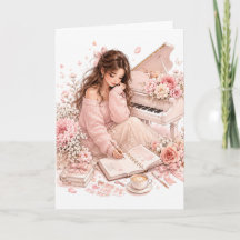 Zachte Roze Piano Bloemrijke Wenskaart