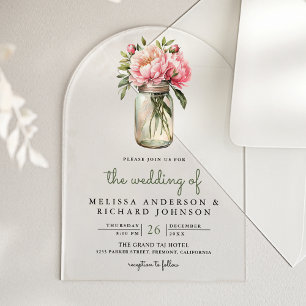 Zachte Roze Pioen Bloemen Mason Jar Trouwen Acryl Uitnodigingen