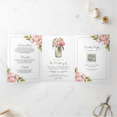 Zachte Roze Pioen Bloemen Metselwerk Pot QR Code T Drieluik Uitnodiging (Binnen)