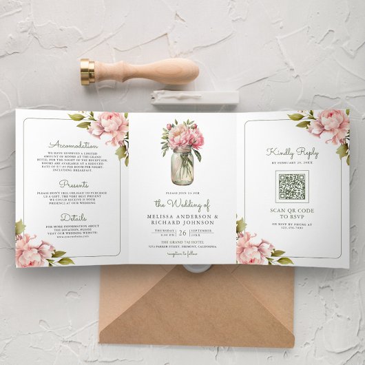 Zachte Roze Pioen Bloemen Metselwerk Pot QR Code T Drieluik Uitnodiging