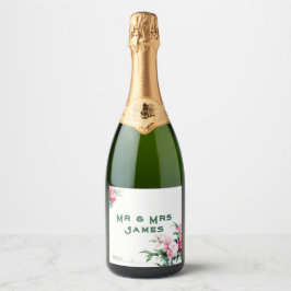Zachte Roze Pioen Bloemetuin Bruid & Bruidegom Huw Sparkling Wijnetiket
