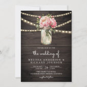 Zachte Roze Pioen Mason Jar QR Code Houten Bruilof Kaart (Voorkant)