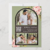 Zachte Roze Pioen Mason Jar QR Code Houten Bruilof Kaart (Achterkant)