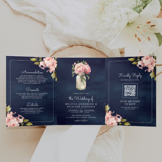 Zachte Roze Pioen Mason Jar QR Code Marine Huwelij Drieluik Uitnodiging
