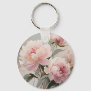 Zachte Roze Pioenrozen Bloemschilderkunst Sleutelhanger