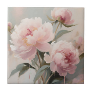 Zachte Roze Pioenrozen Bloemschilderkunst Tegeltje