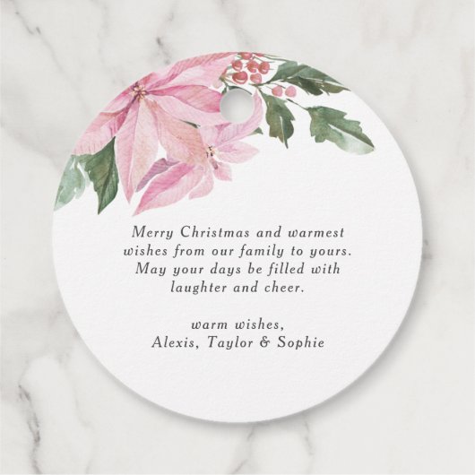 Zachte Roze Poinsettia en Winterbessen Kerstmis Bedankjes Labels (Achterkant)