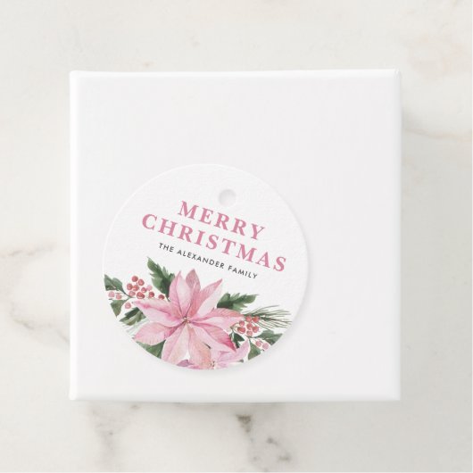 Zachte Roze Poinsettia en Winterbessen Kerstmis Bedankjes Labels (In situ)