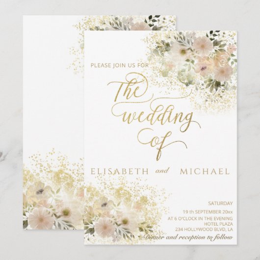 Zachte roze romantische bloem gouden kalligrafie kaart (Voorkant / Achterkant)