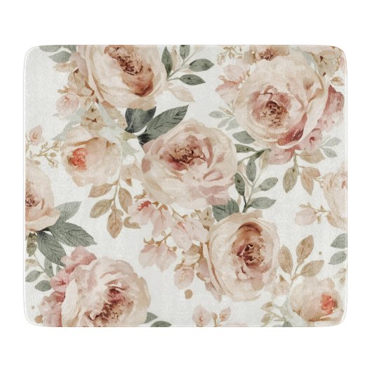 Zachte Roze Rozen Aquarel Bloemendruk Botanisch Snijplank (Voorkant)