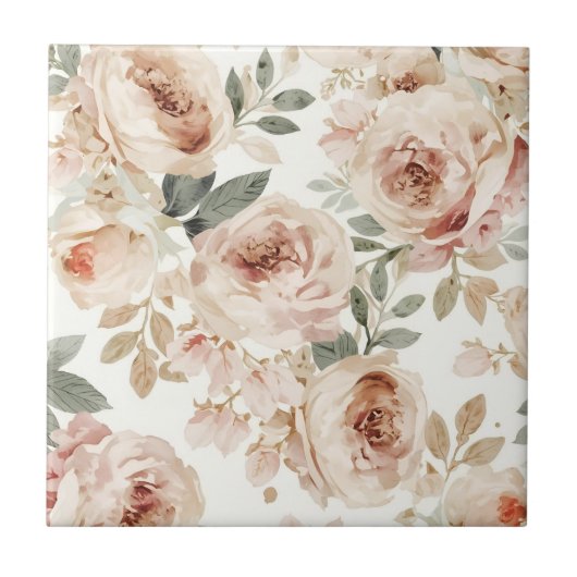 Zachte Roze Rozen Aquarel Bloemendruk Botanisch Tegeltje (Voorkant)