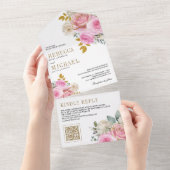 Zachte Roze Rozen Bloem QR Code Trouwen All In One Uitnodiging (Afscheurbaar)