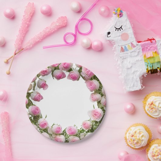 Zachte roze rozen Borden, 7" rond papier Bord (Feest)