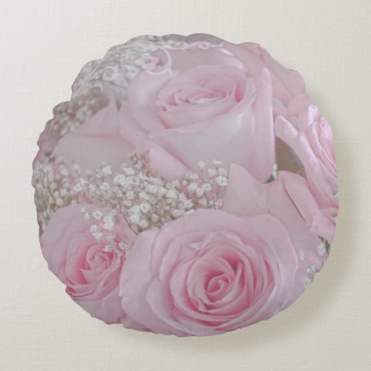 Zachte Roze Rozen en Baby's Breath Rond Kussen (Voorkant)