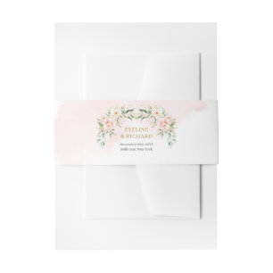 Zachte roze rozen eucalyptus en gouden bruiloft uitnodigingen wikkel