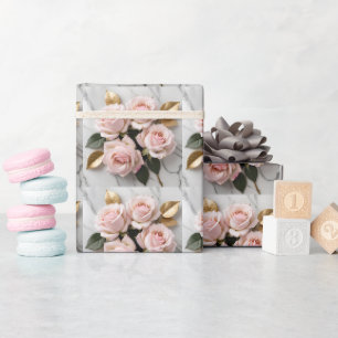 Zachte Roze Rozen Met Delicate Gouden Bladeren Cadeaupapier