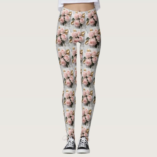 Zachte Roze Rozen Met Delicate Gouden Bladeren Leggings (Voorkant)