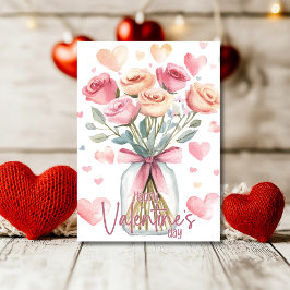 Zachte roze rozen pot met lint Gelukkig Valentijns Feestdagenkaart