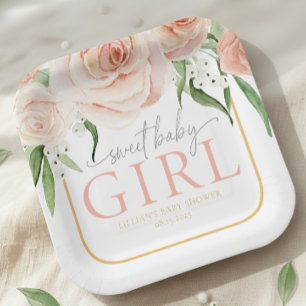 Zachte Roze Rozen Tuin Baby Meisje Baby Shower  Papieren Bordje