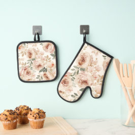 Zachte Roze Rozen Waterverf Bloemendruk Botanisch Ovenwant & Pannenlap Set