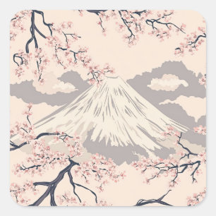 Zachte Roze Sakura Mount Fuji Schilderachtig Patro Vierkante Sticker