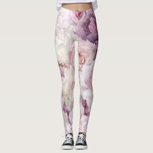 Zachte Roze Shabby Chic Botanische Tuin Leggings (Voorkant)