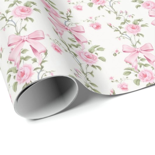 Zachte Roze Strik Bloemige Coquette  Cadeaupapier (Rol Hoek)