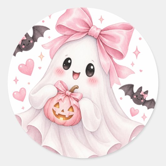 Zachte Roze Strik Geest Halloween Sticker (Voorkant)