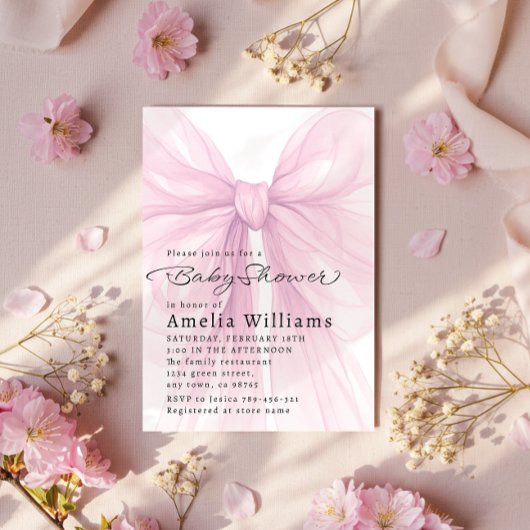 Zachte Roze Strik Script Baby Shower Uitnodiging