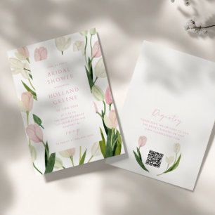 Zachte Roze Tulp QR Code Bruidsuitnodiging Kaart