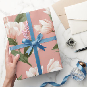 Zachte Roze Tulp Witte Bloemmotief Cadeaupapier