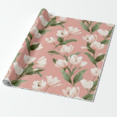 Zachte Roze Tulp Witte Bloemmotief Cadeaupapier (Uitgerold)
