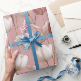Zachte Roze Tulp Witte Bloemmotief Cadeaupapier