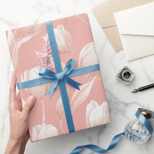 Zachte Roze Tulp Witte Bloemmotief Cadeaupapier