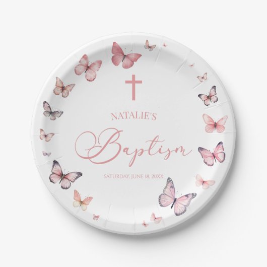 Zachte roze vlinder doop papieren bordje (Voorkant)