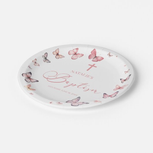 Zachte roze vlinder doop papieren bordje (Gekanteld)