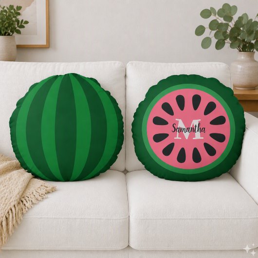 Zachte Roze Watermeloen Monogram Rond Kussen