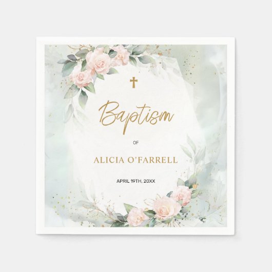 Zachte Roze Waterverf Bloemen Gouden Kruisdoop Servet (Voorkant)