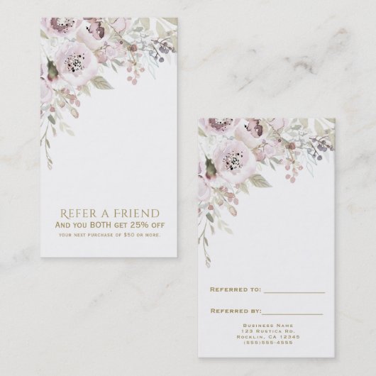 Zachte Roze Waterverf Elegante Bloemen Verwijs een Aanbevelingskaartje (Voorkant / Achterkant)