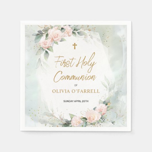 Zachte roze Waterverf Flowers First Holy Communion Servet (Voorkant)