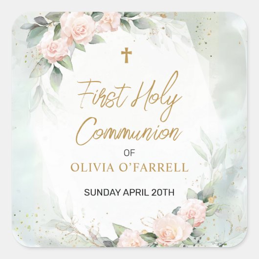 Zachte roze Waterverf Flowers First Holy Communion Vierkante Sticker (Voorkant)