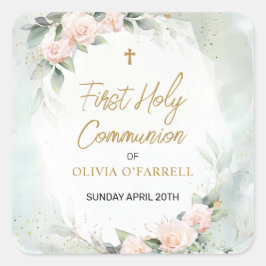Zachte roze Waterverf Flowers First Holy Communion Vierkante Sticker