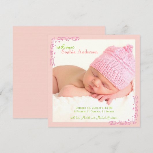 Zachte Roze Werveltje Baby Meisje Foto Geboorte Aankondiging (Voorkant / Achterkant)