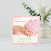 Zachte Roze Werveltje Baby Meisje Foto Geboorte Aankondiging (Staand voorkant)