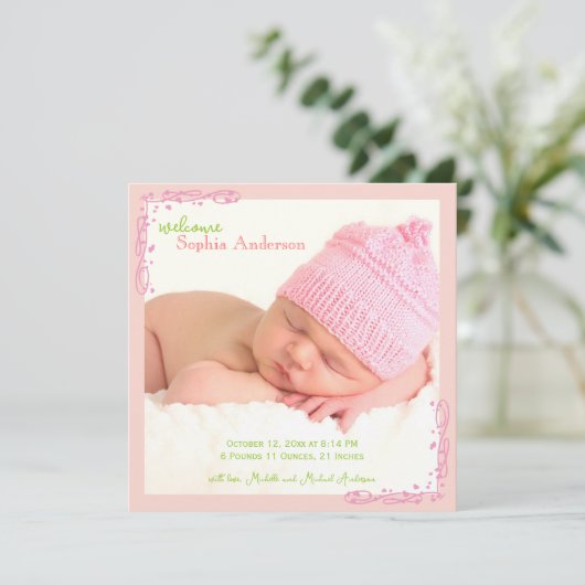 Zachte Roze Werveltje Baby Meisje Foto Geboorte Aankondiging (Staand voorkant)